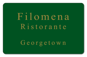 Filomena Ristorante logo on a forest green background.